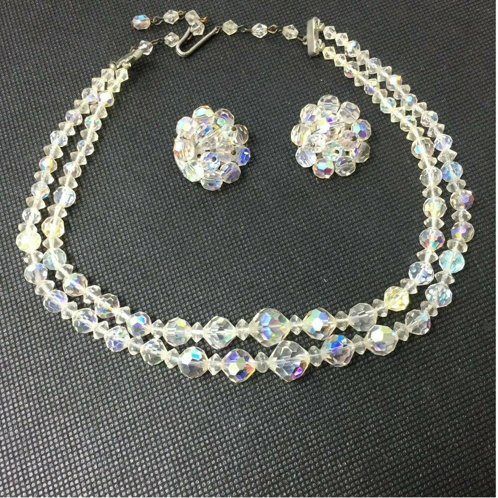 Vtg Necklace & Earring Set Iridescent French Bead Two Strand‎  Cluster Clip On